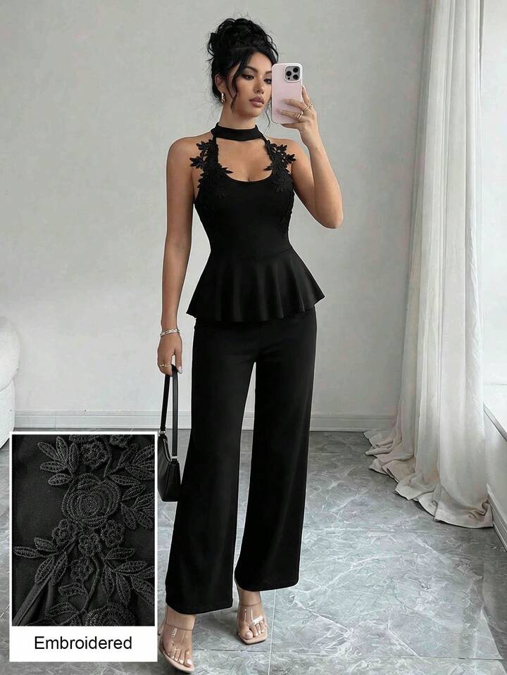 CM-JS958594 Women Elegant Seoul Style Halter Cutout Shoulder Applique Slim Fit Jumpsuit - Black