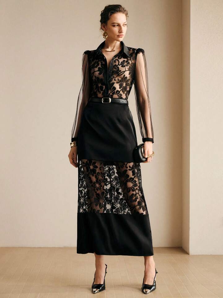 CM-SS699699 Women Elegant Seoul Style Hollow-Out Lace Collar Neckline  Long Sleeve Top With Maxi Skirt - Set
