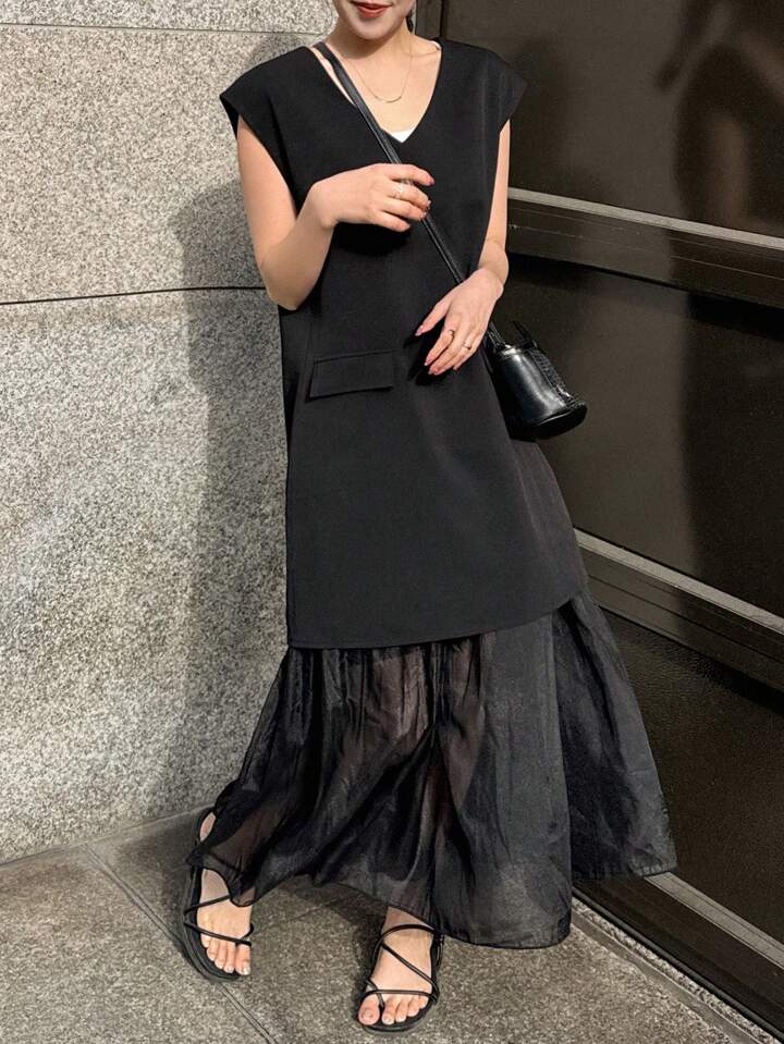 CM-DS198578 Women Casual Seoul Style Round Neck Sleeveless Mesh Patchwork Dress - Black