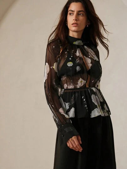 CM-TS659050 Women Elegant Seoul Style Stand Collar Printed Hollow Out Long Sleeve Top