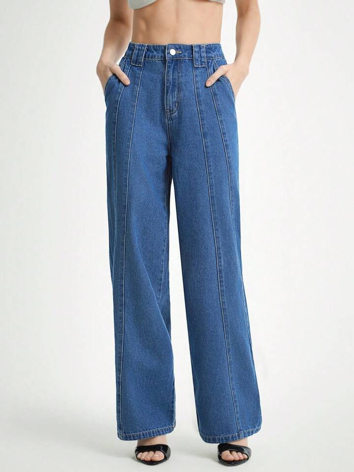 CM-BS080566 Women Casual Seoul Style Medium Wash High Waist Diagonal Split Straight Leg Denim Pants
