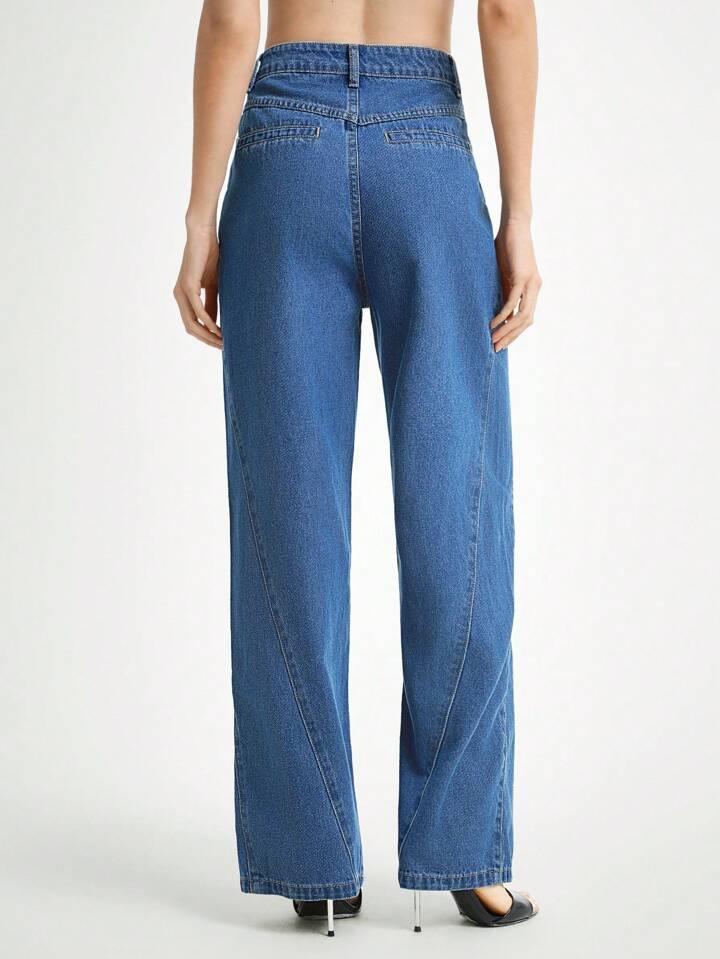 CM-BS080566 Women Casual Seoul Style Medium Wash High Waist Diagonal Split Straight Leg Denim Pants
