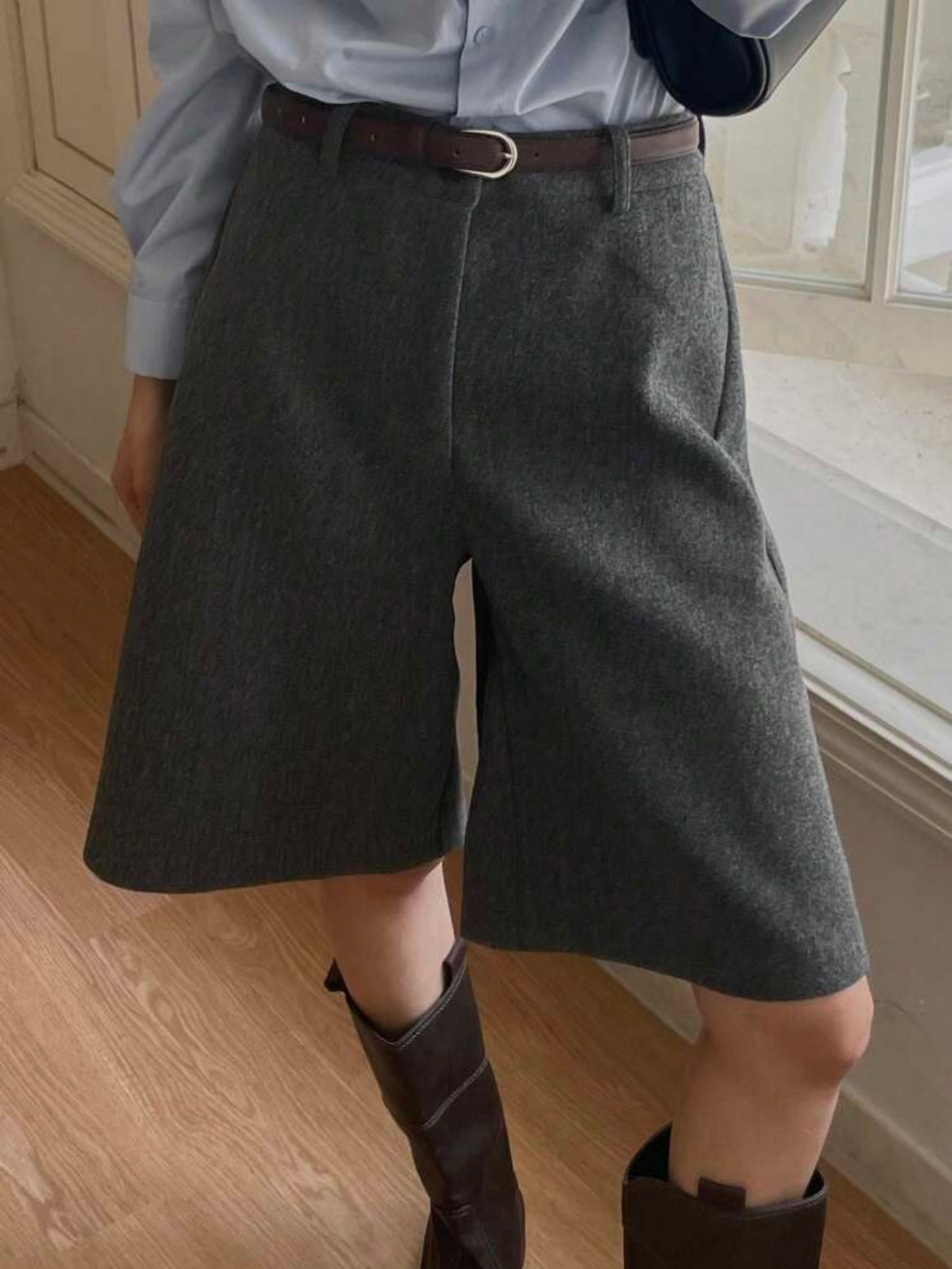 CM-BS951197 Women Casual Seoul Style Loose Straight Leg Casual Wide Leg Shorts - Dark Gray