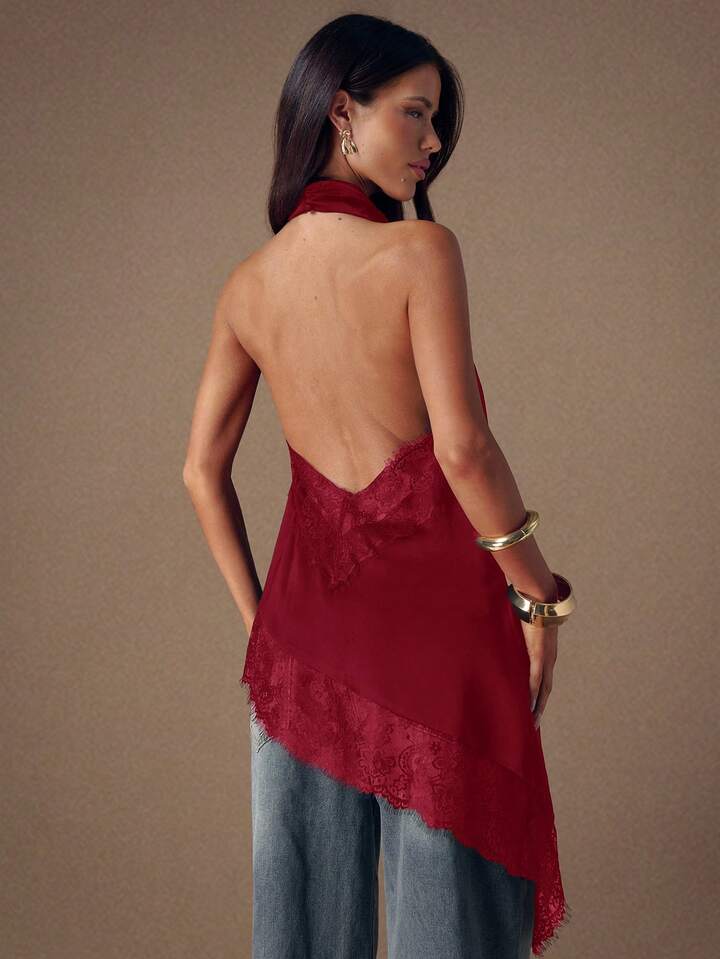 CM-TS422222 Women Elegant Seoul Style Lace Satin Patchwork Sleeveless Trim Backless Camisole Top - Burgundy