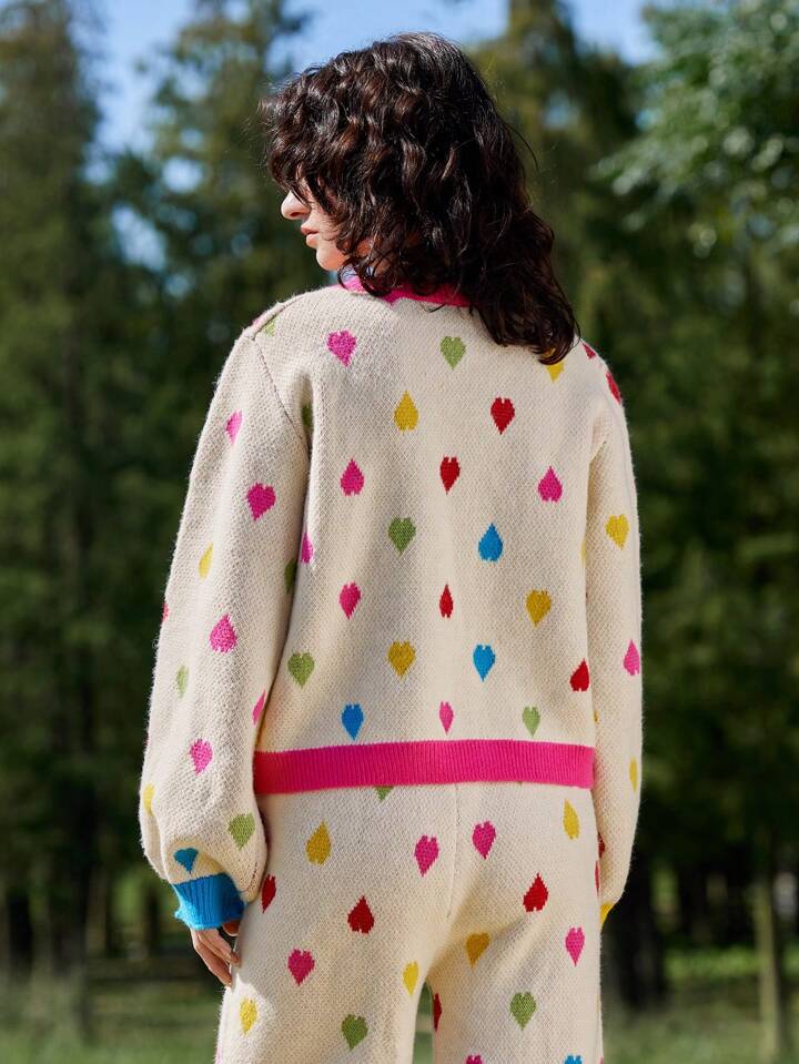 CM-CS199063 Women Casual Seoul Style Contrast Color Heart Pattern Crew Neck Long Sleeve Sweater