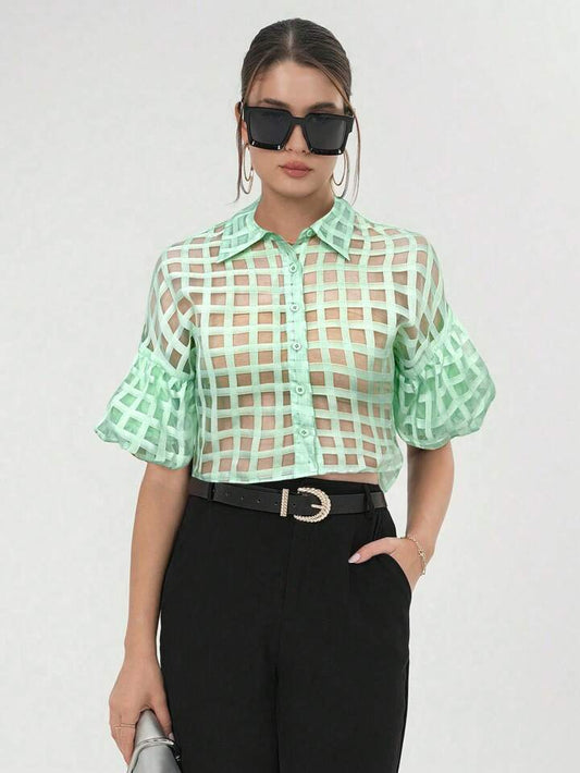 CM-TS600039 Women Casual Seoul Style Plaid Mesh Drop Shoulder Crop Shirt - Mint Green
