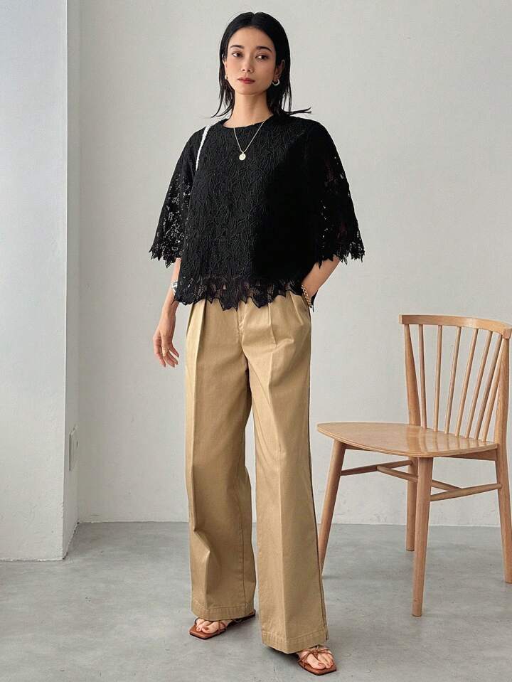 CM-TS404504 Women Elegant Seoul Style Sheer Lace Round Neck Half Sleeve Loose Blouse - Black