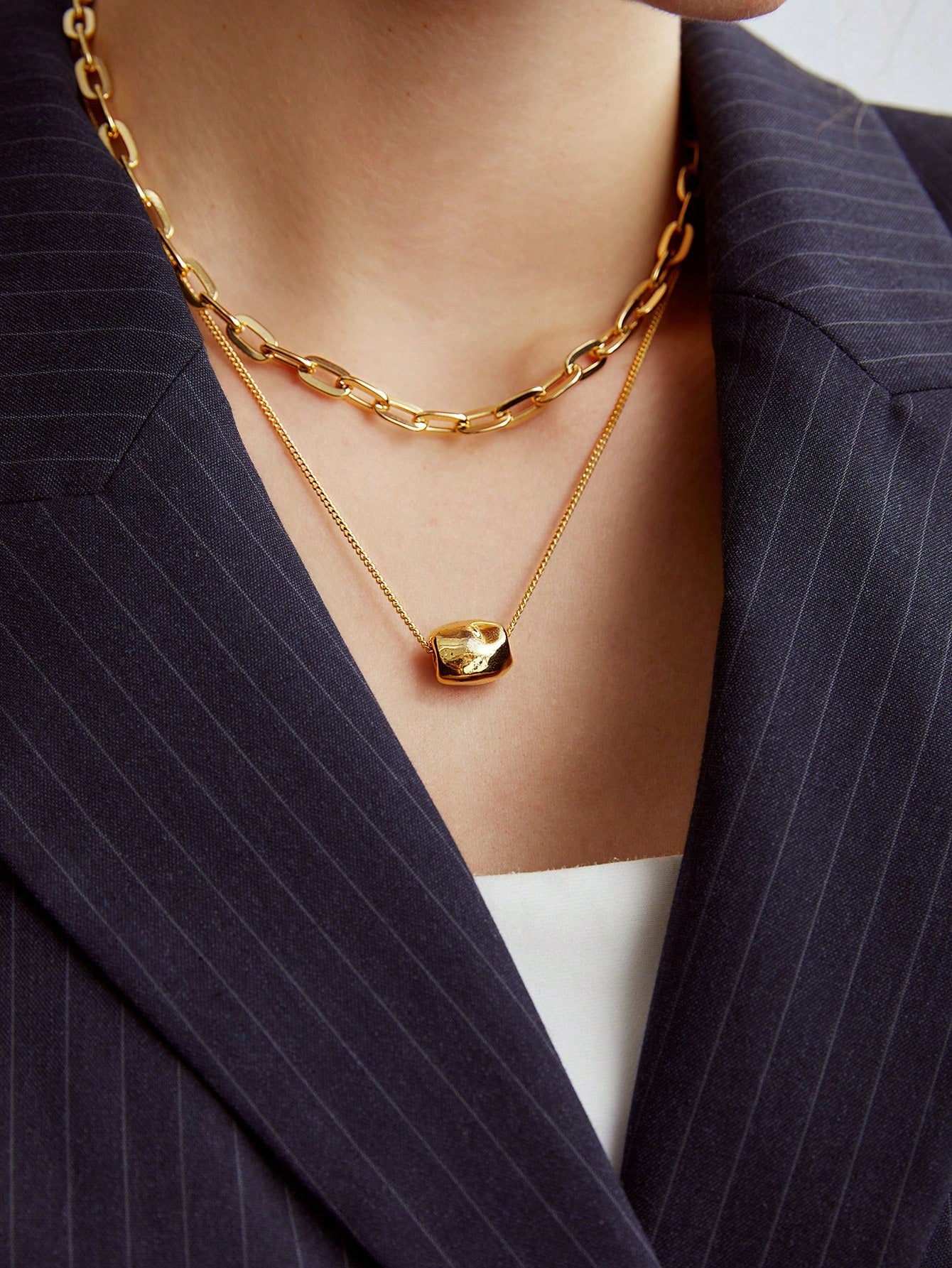 CM-AXS274295 Women Trendy Seoul Style Gold Plated Double Layered Pendant Chain Necklace