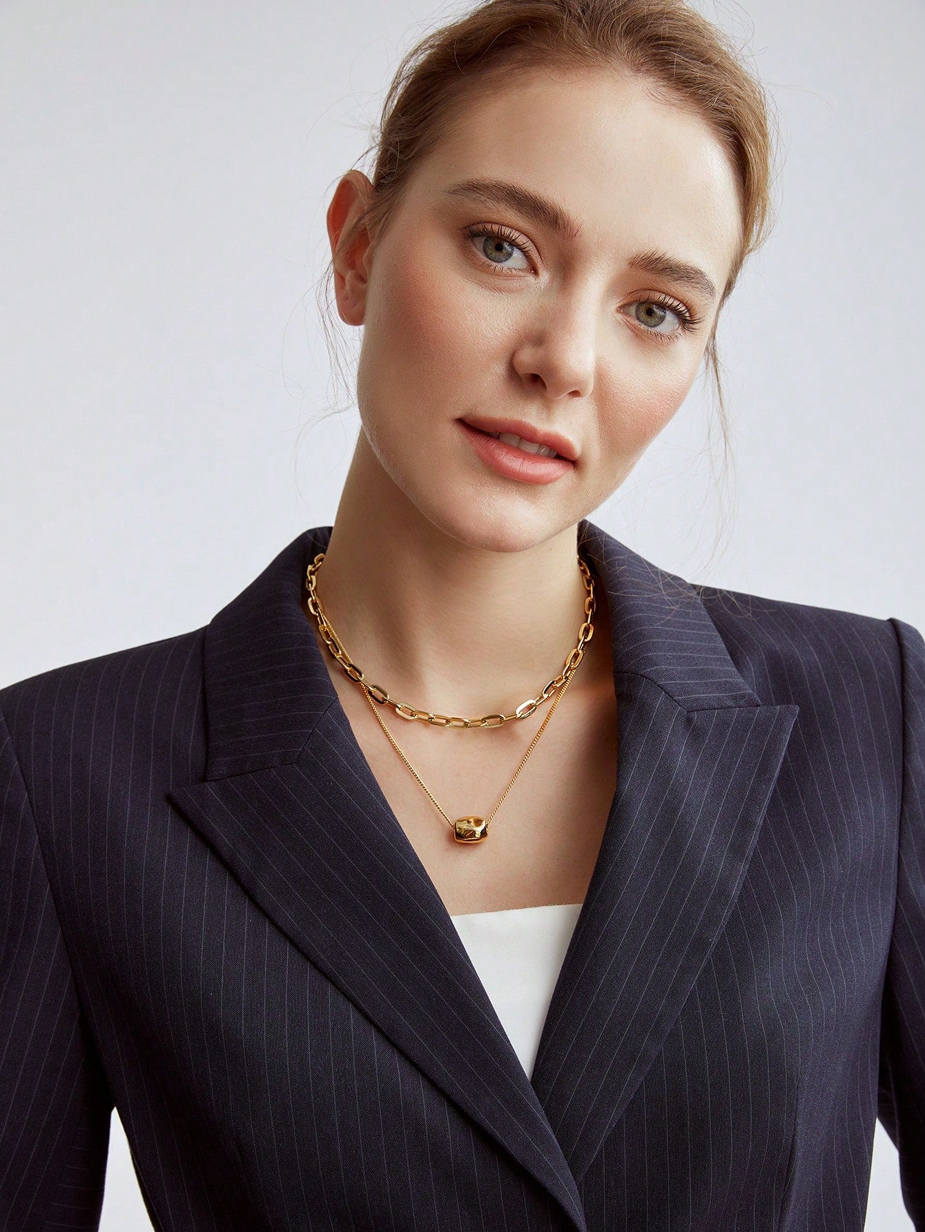 CM-AXS274295 Women Trendy Seoul Style Gold Plated Double Layered Pendant Chain Necklace