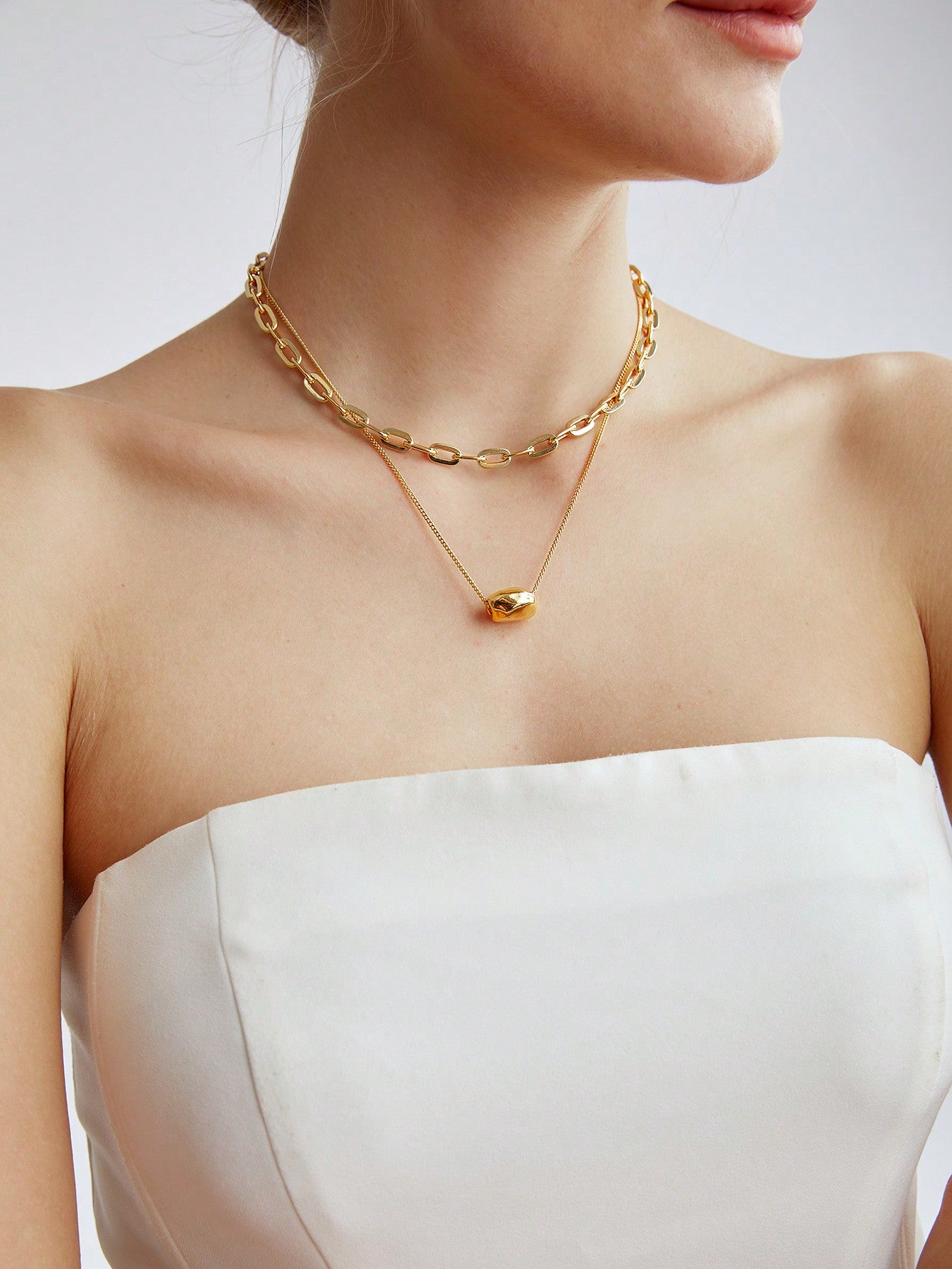 CM-AXS274295 Women Trendy Seoul Style Gold Plated Double Layered Pendant Chain Necklace