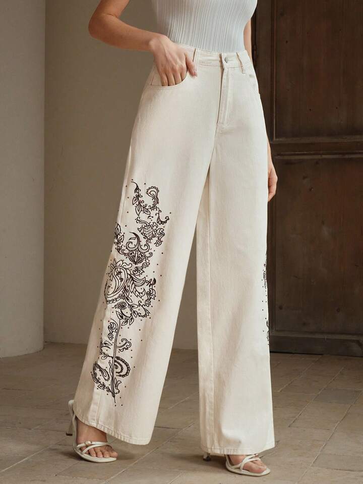 CM-BS152436 Women Elegant Seoul Style Mid Waist Embroidery Rhinestone Decor Straight Leg Jeans - Beige