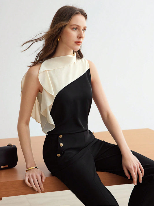 CM-TS987780 Women Casual Seoul Style Stand Collar Sleeveless Contrast Ruffle Trim Blouse