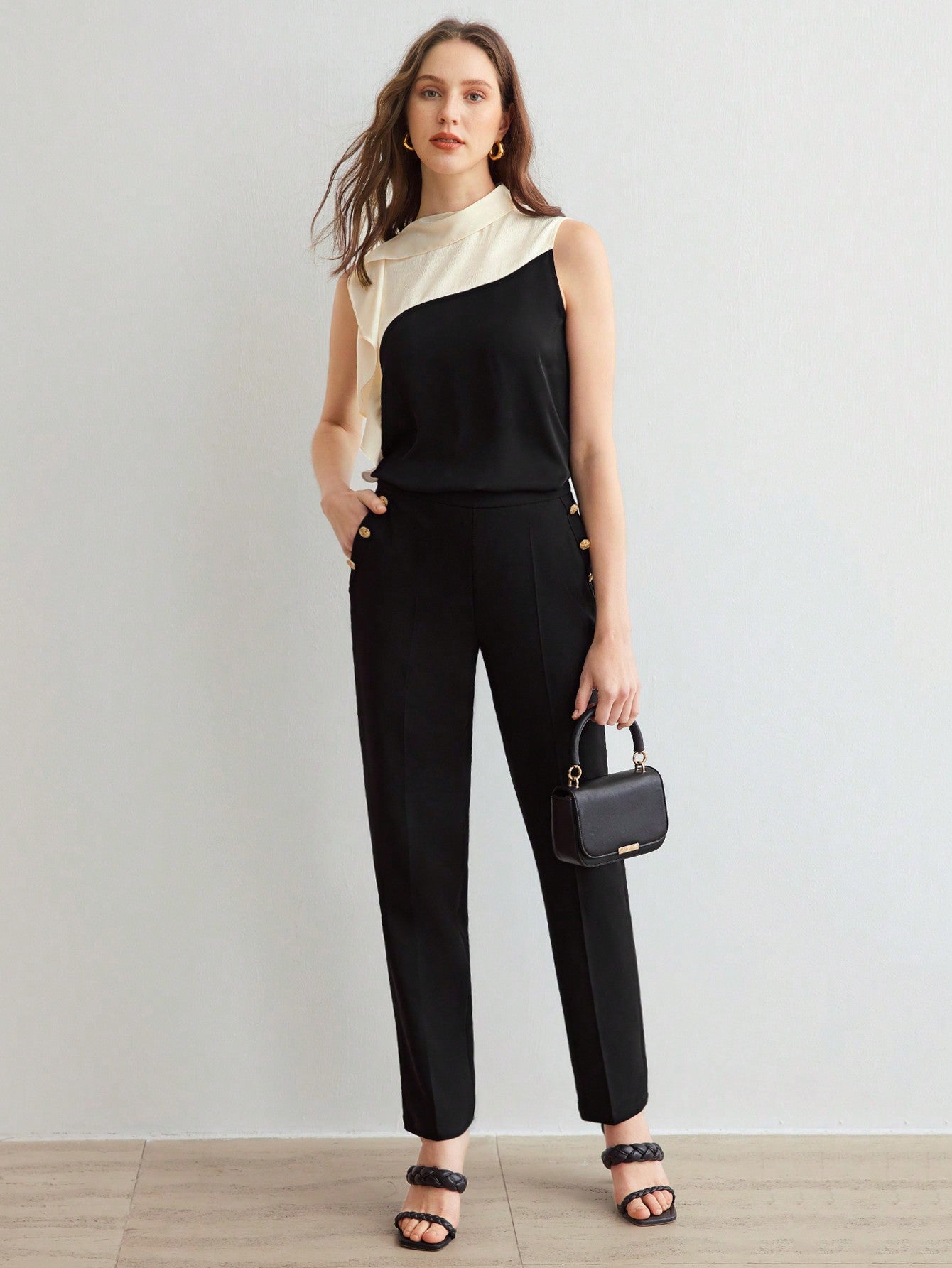 CM-TS987780 Women Casual Seoul Style Stand Collar Sleeveless Contrast Ruffle Trim Blouse