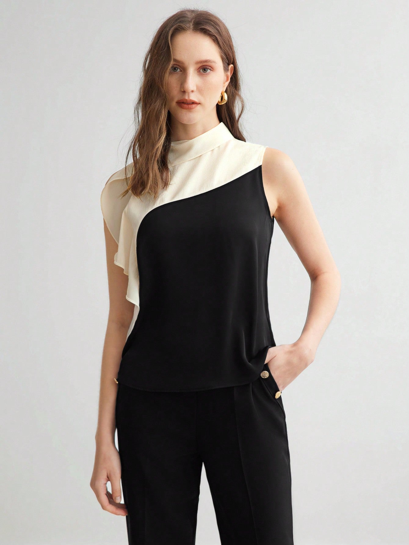 CM-TS987780 Women Casual Seoul Style Stand Collar Sleeveless Contrast Ruffle Trim Blouse