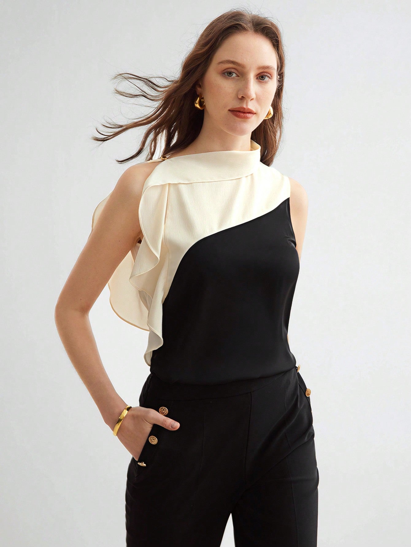 CM-TS987780 Women Casual Seoul Style Stand Collar Sleeveless Contrast Ruffle Trim Blouse