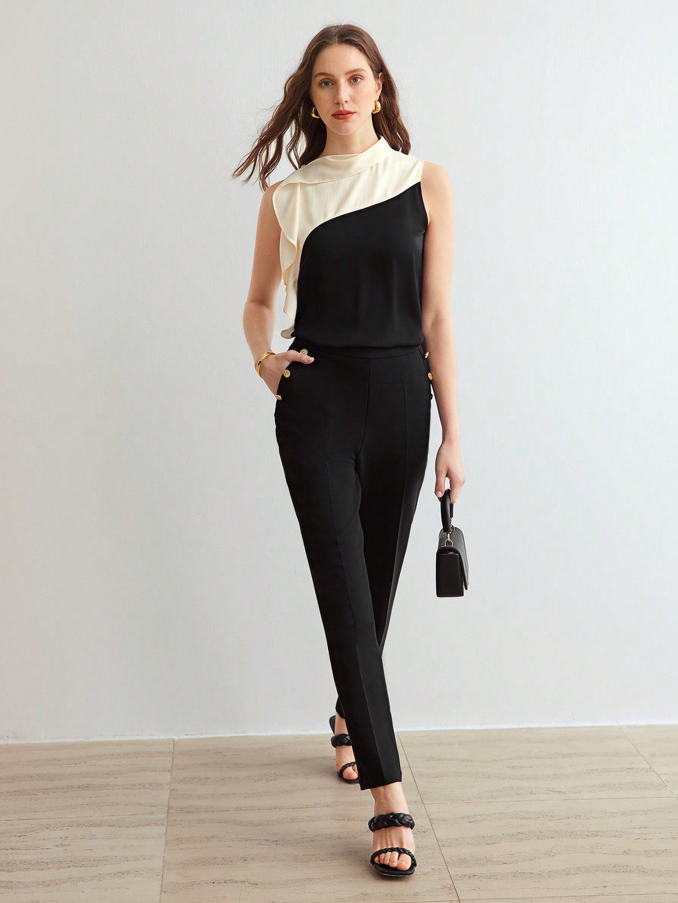 CM-TS987780 Women Casual Seoul Style Stand Collar Sleeveless Contrast Ruffle Trim Blouse