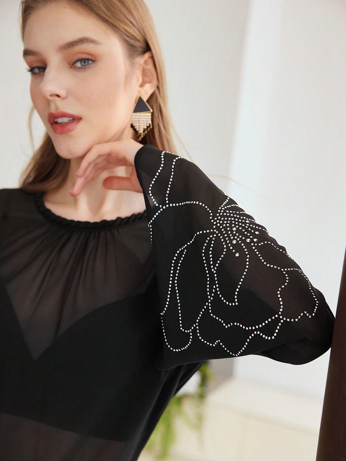 CM-TS182279 Women Elegant Seoul Style Rhinestone Detail Round Neck Long Sleeve Blouse - Black
