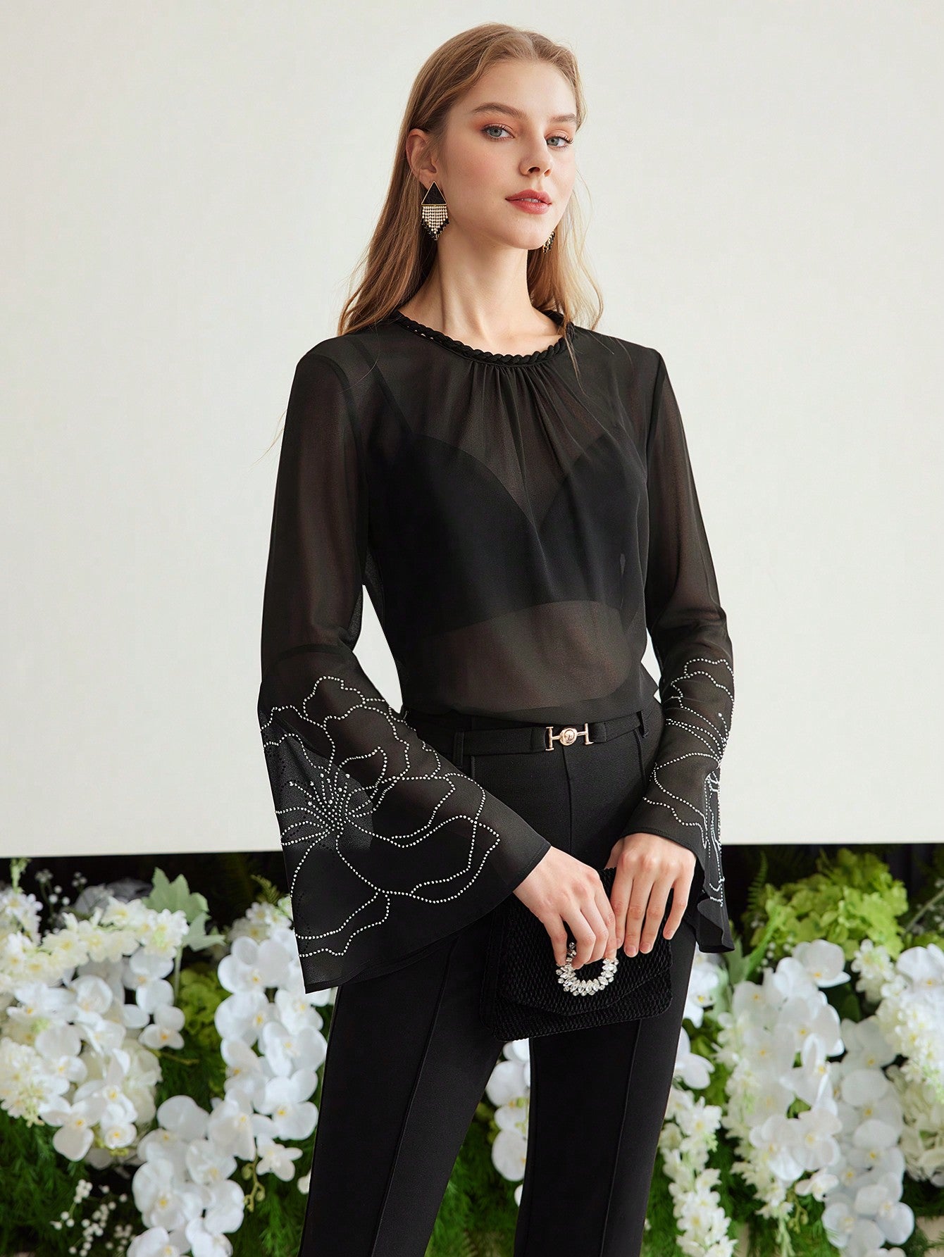 CM-TS182279 Women Elegant Seoul Style Rhinestone Detail Round Neck Long Sleeve Blouse - Black