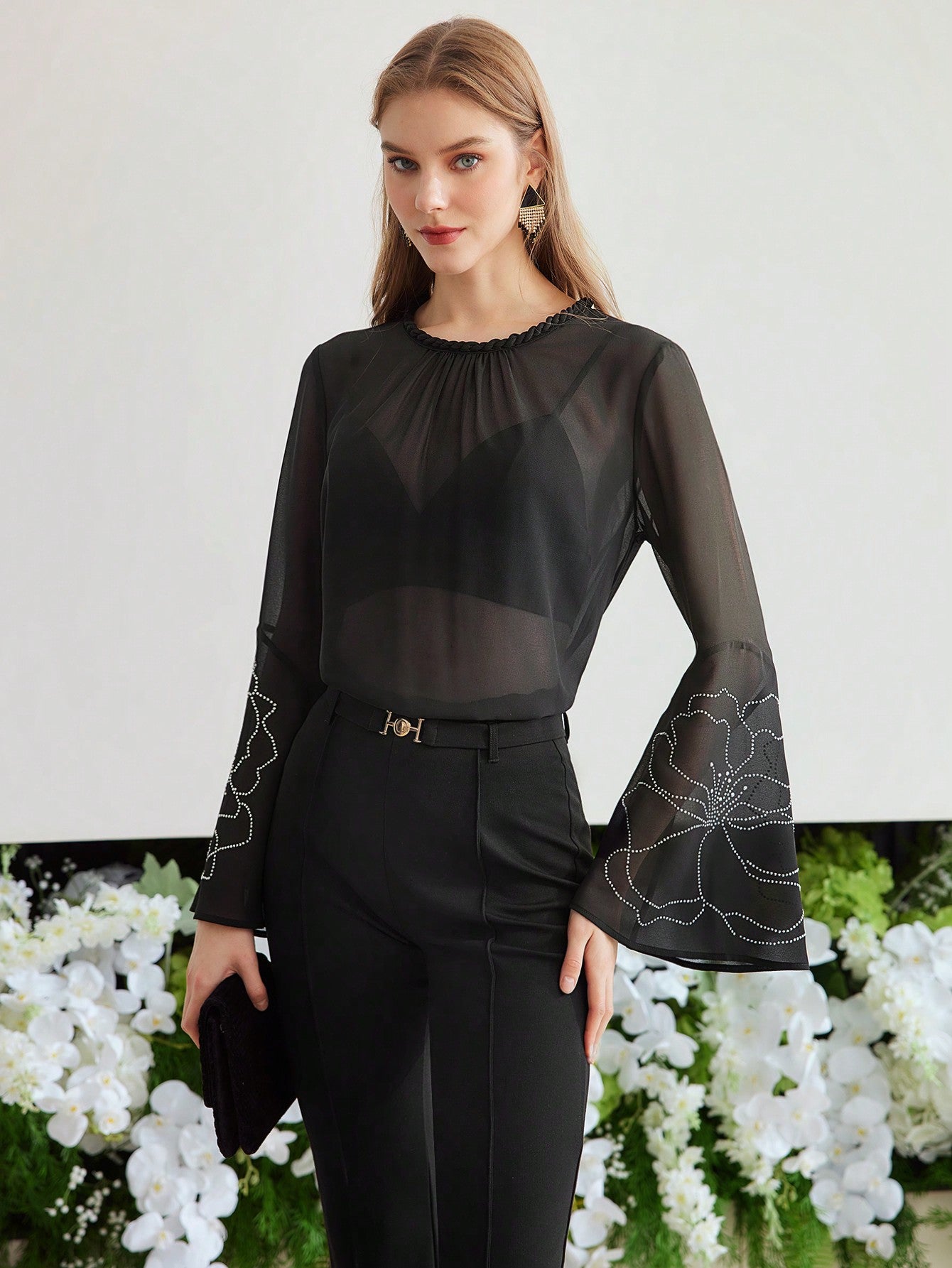 CM-TS182279 Women Elegant Seoul Style Rhinestone Detail Round Neck Long Sleeve Blouse - Black