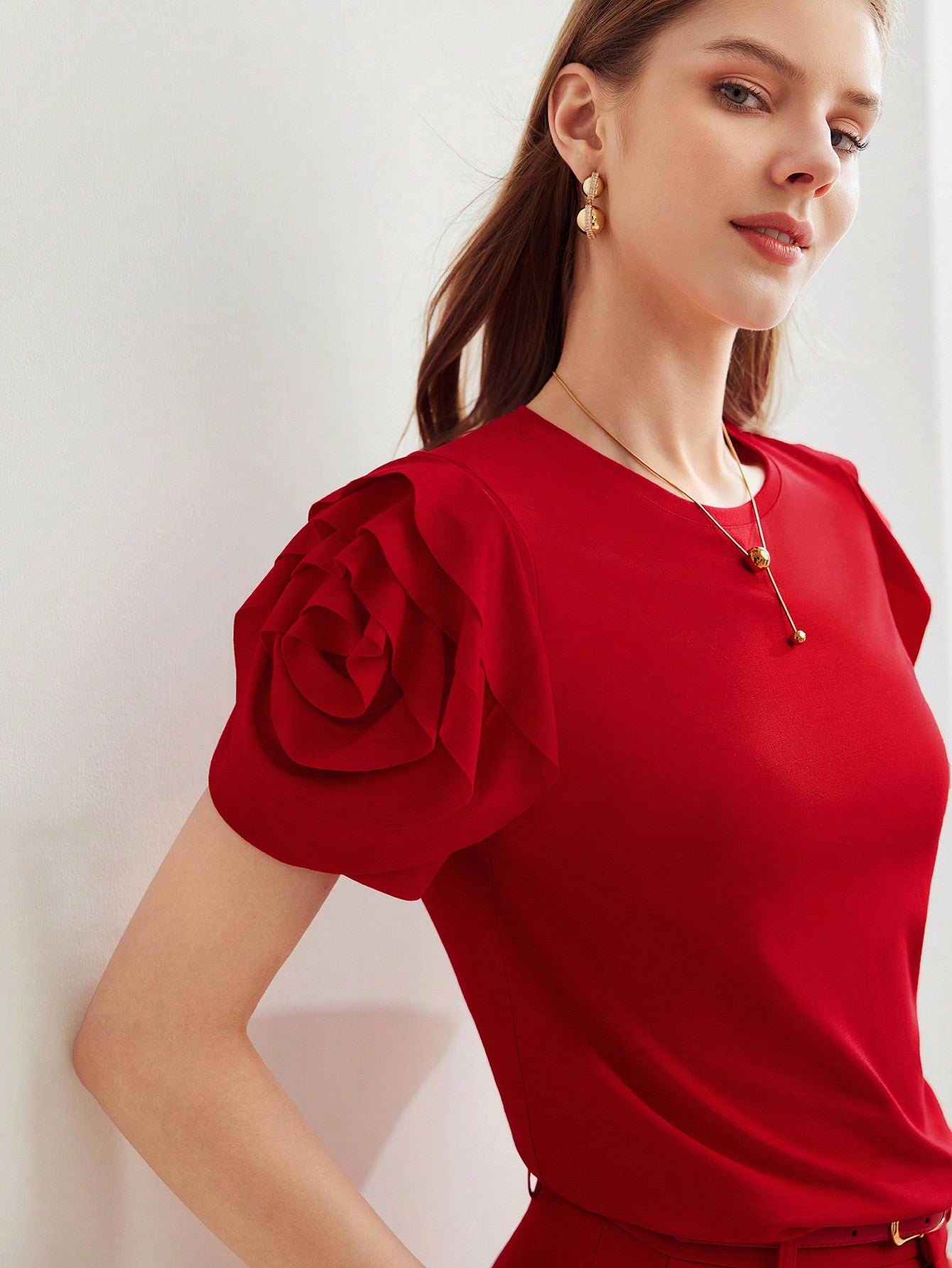 CM-TS764766 Women Casual Seoul Style Round Neck Puff Sleeve Knit Ruffle Trim T-Shirt - Red