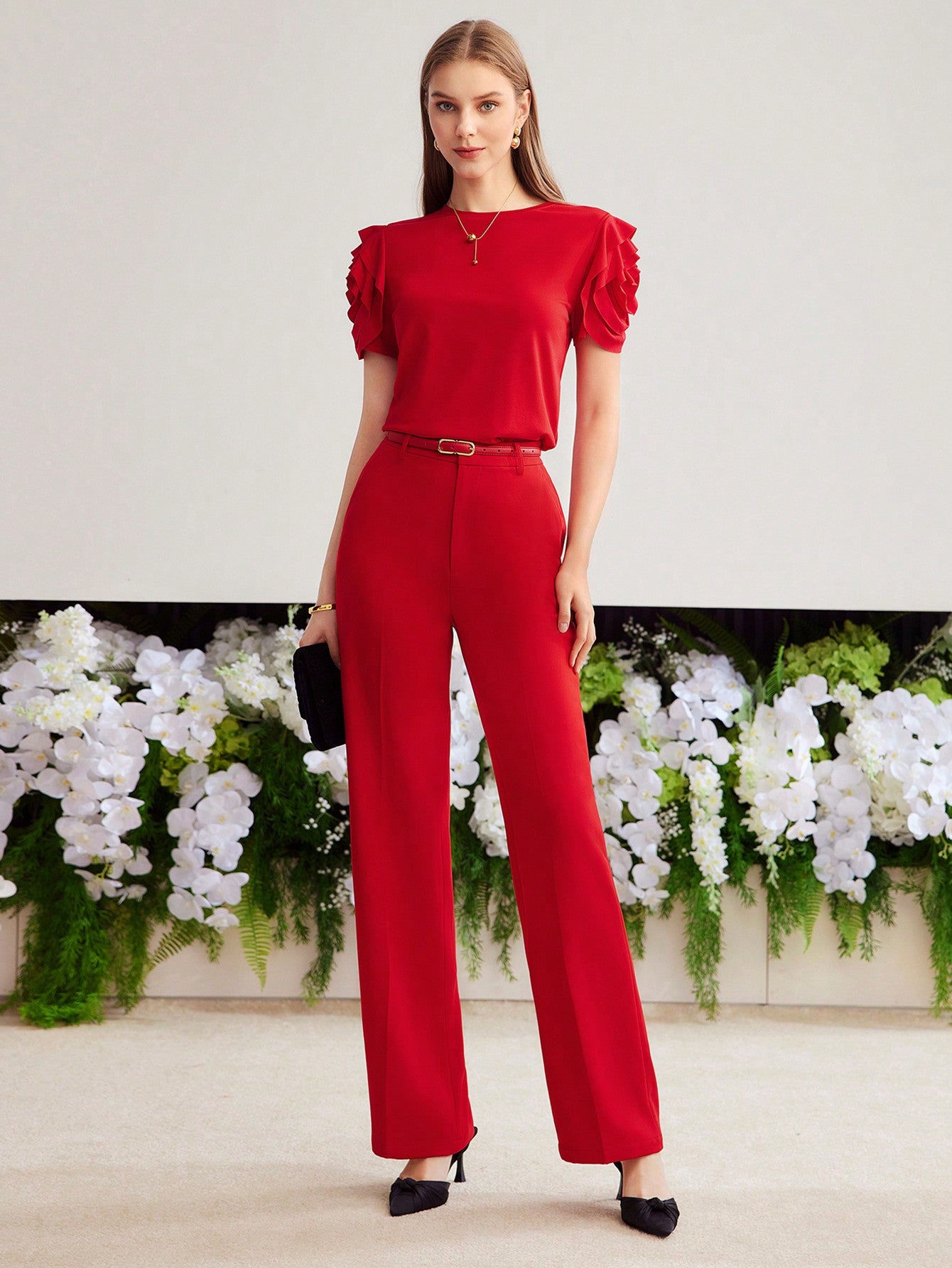 CM-TS764766 Women Casual Seoul Style Round Neck Puff Sleeve Knit Ruffle Trim T-Shirt - Red