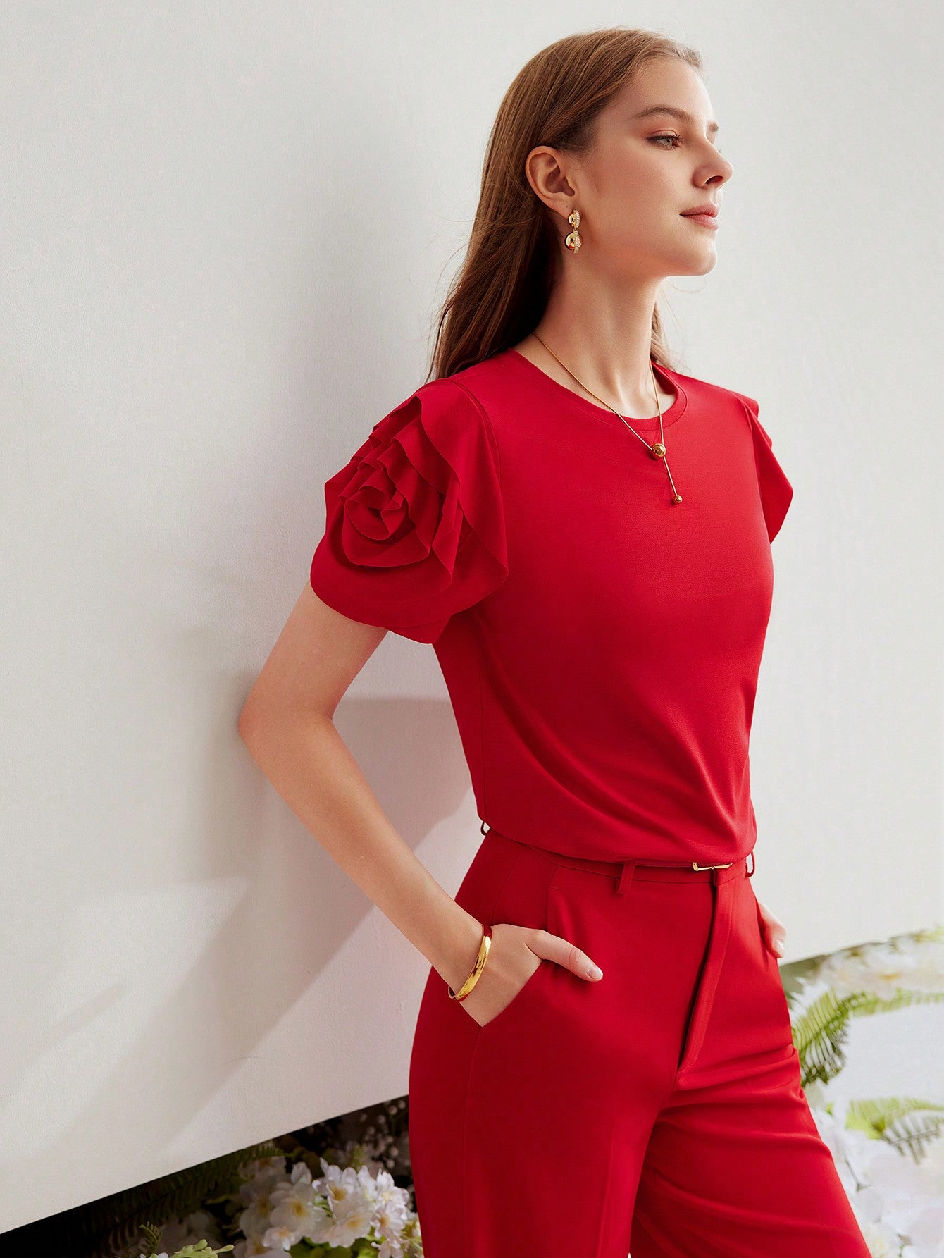 CM-TS764766 Women Casual Seoul Style Round Neck Puff Sleeve Knit Ruffle Trim T-Shirt - Red