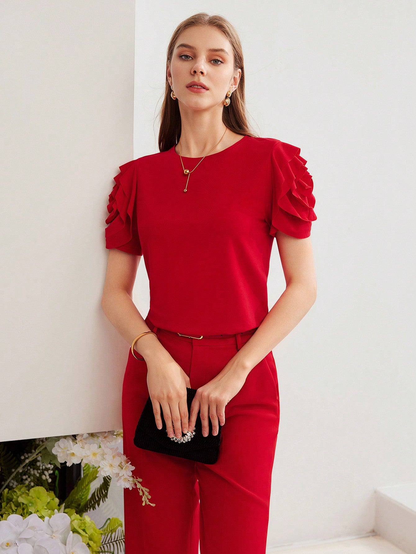 CM-TS764766 Women Casual Seoul Style Round Neck Puff Sleeve Knit Ruffle Trim T-Shirt - Red