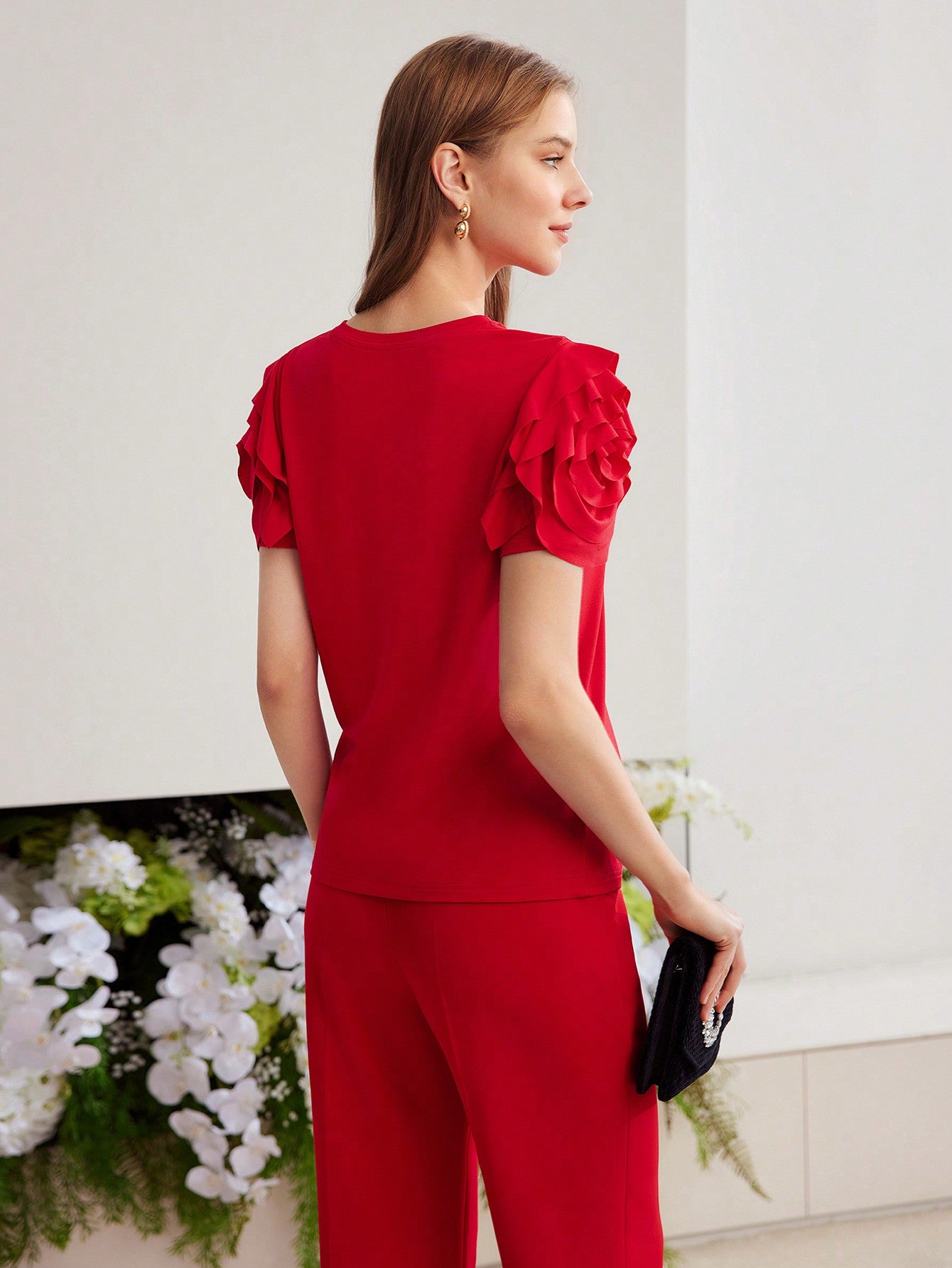 CM-TS764766 Women Casual Seoul Style Round Neck Puff Sleeve Knit Ruffle Trim T-Shirt - Red