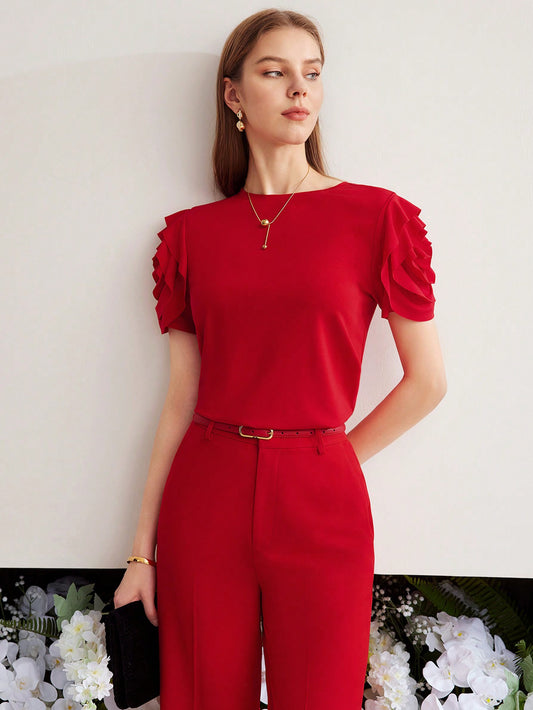 CM-TS764766 Women Casual Seoul Style Round Neck Puff Sleeve Knit Ruffle Trim T-Shirt - Red