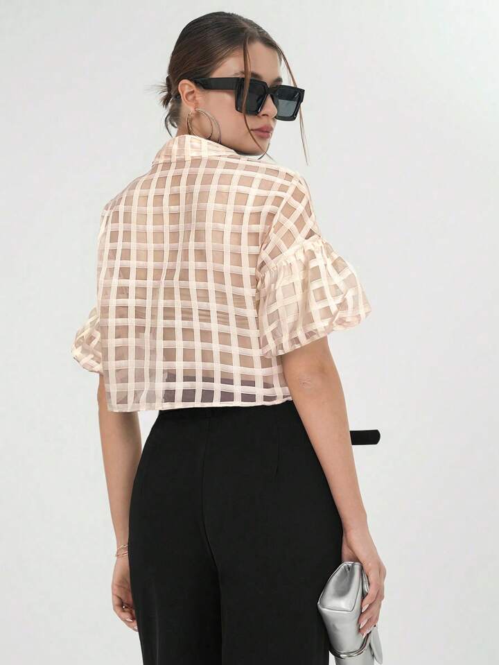 CM-TS615490 Women Casual Seoul Style Plaid Mesh Drop Shoulder Crop Shirt - Apricot