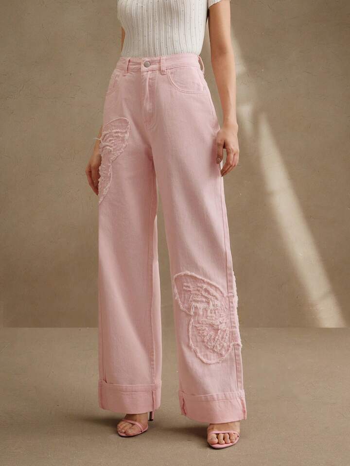 CM-BS264669 Women Casual Seoul Style Mid Waist Embroidered Straight Leg Jeans - Pink