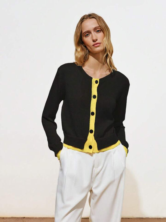 CM-CS361031 Women Casual Seoul Style Multi-Color Round Neck Faux Two-Piece Cardigan Sweater