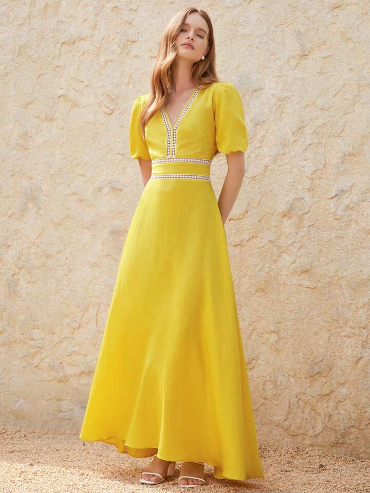 CM-DS142917 Women Elegant Seoul Style Knot V-Neck Patchwork Ruffle Trim Short Sleeve Dress - Yellow