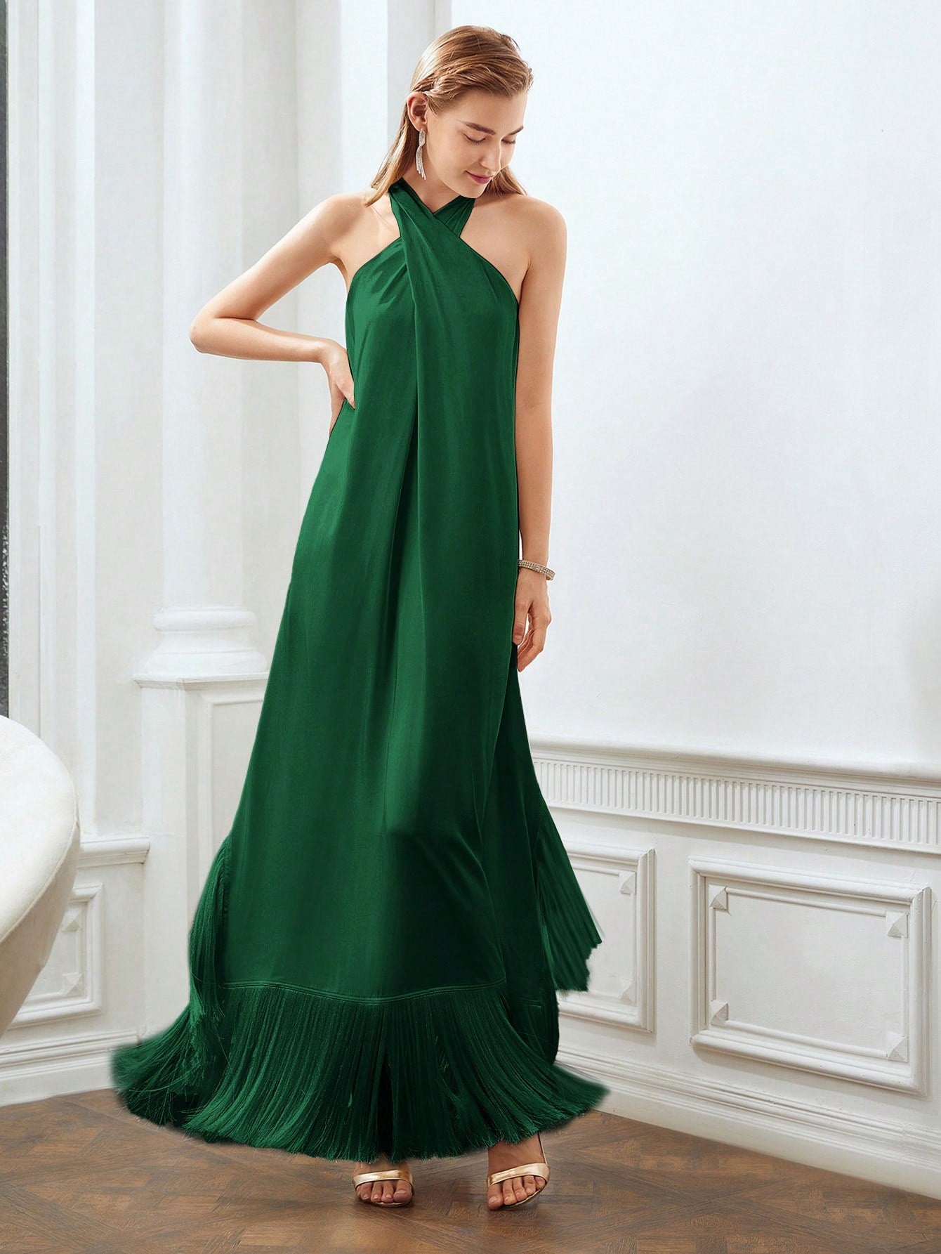 CM-DS802803 Women Elegant Seoul Style Halter Sleeveless Fringe Hem Loose Dress - Green