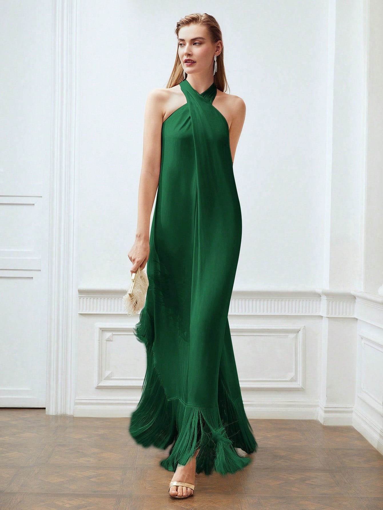 CM-DS802803 Women Elegant Seoul Style Halter Sleeveless Fringe Hem Loose Dress - Green