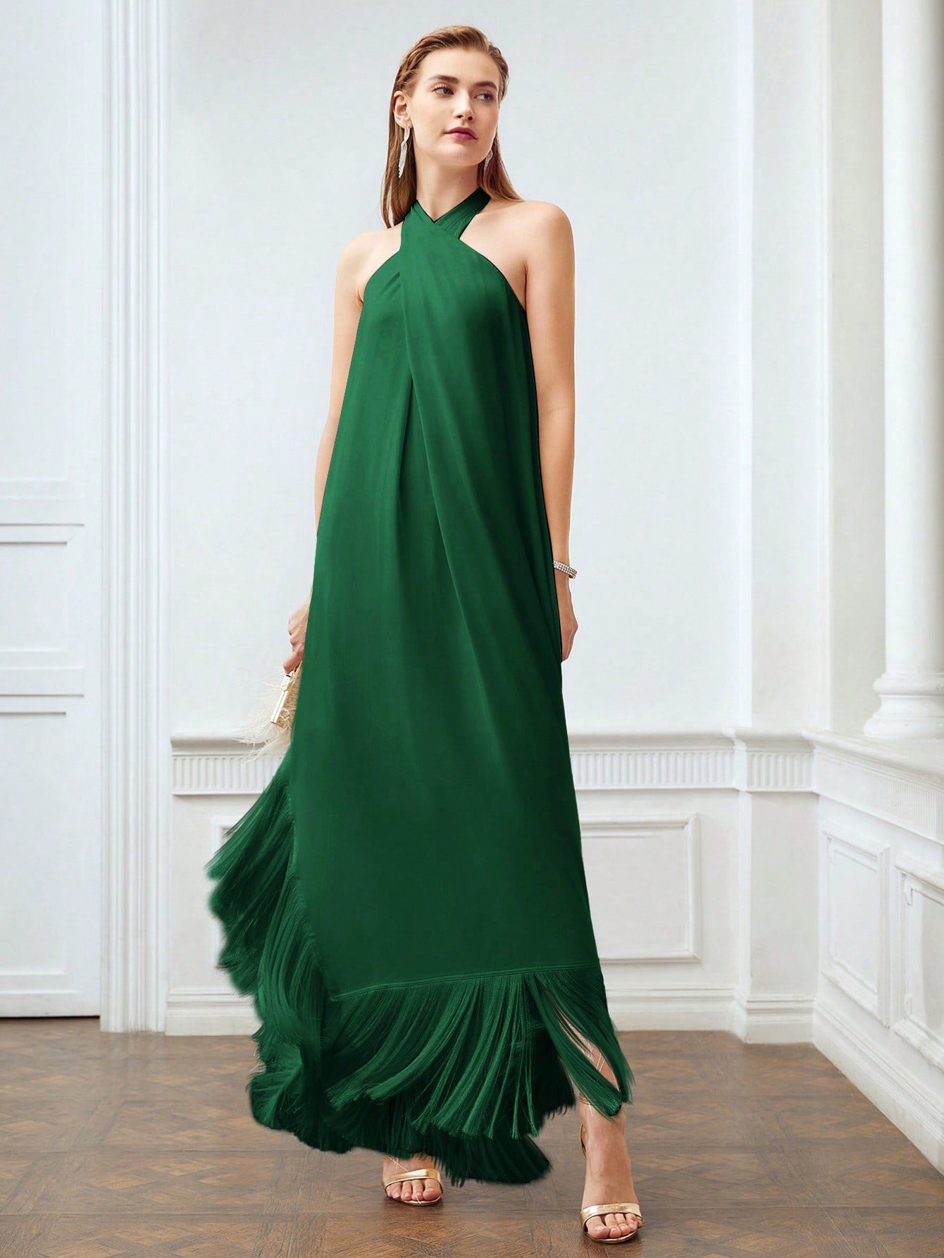 CM-DS802803 Women Elegant Seoul Style Halter Sleeveless Fringe Hem Loose Dress - Green