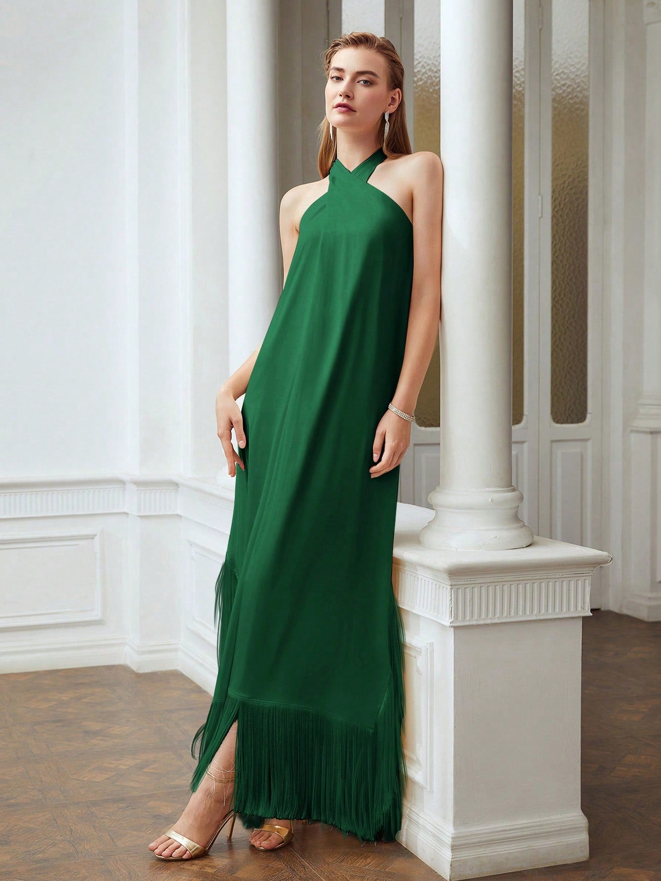 CM-DS802803 Women Elegant Seoul Style Halter Sleeveless Fringe Hem Loose Dress - Green