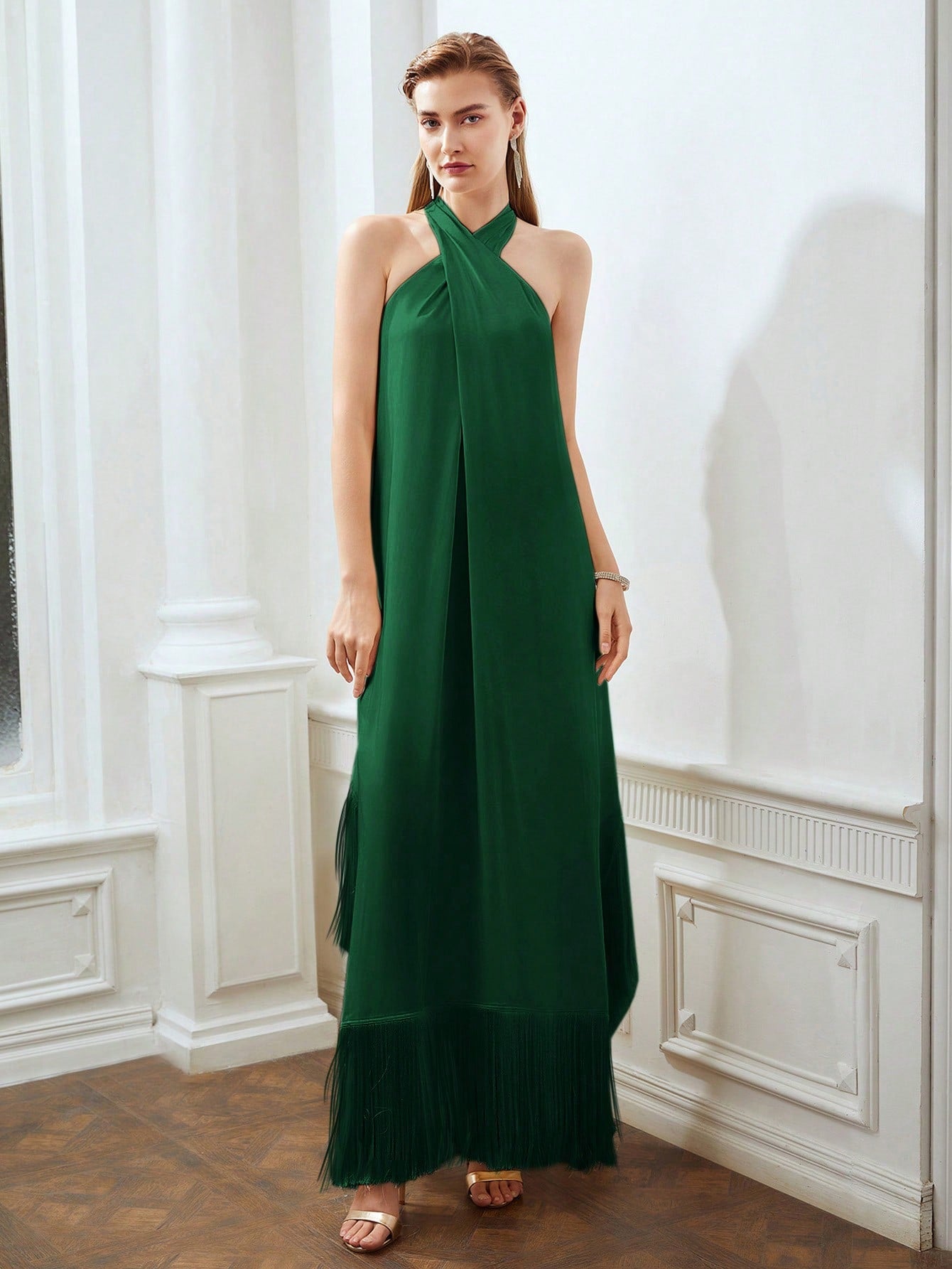 CM-DS802803 Women Elegant Seoul Style Halter Sleeveless Fringe Hem Loose Dress - Green