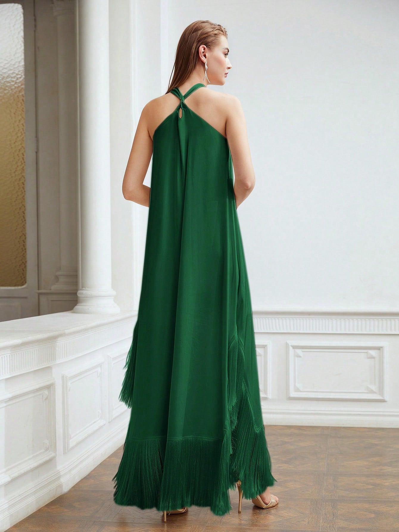 CM-DS802803 Women Elegant Seoul Style Halter Sleeveless Fringe Hem Loose Dress - Green