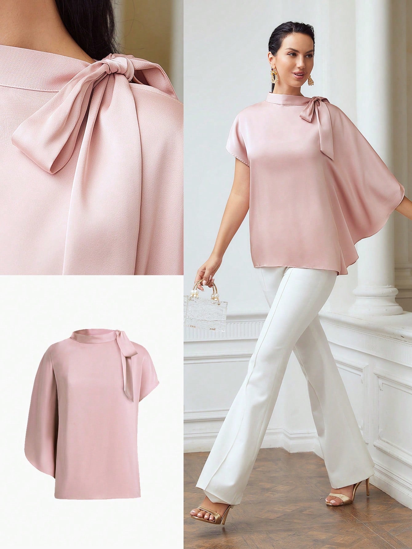 CM-TS668062 Women Elegant Seoul Style Stand Collar 3/4 Sleeve Bow Satin Blouse - Dusty Pink