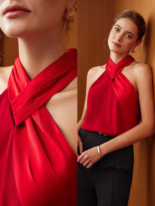 CM-TS298130 Women Elegant Seoul Style Criss Cross Halter Neckline Sleeveless Blouse - Red
