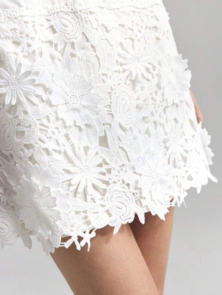 CM-DS603272 Women Elegant Seoul Style Solid Color Lace Patchwork Round Neck Sleeveless Mini Dress