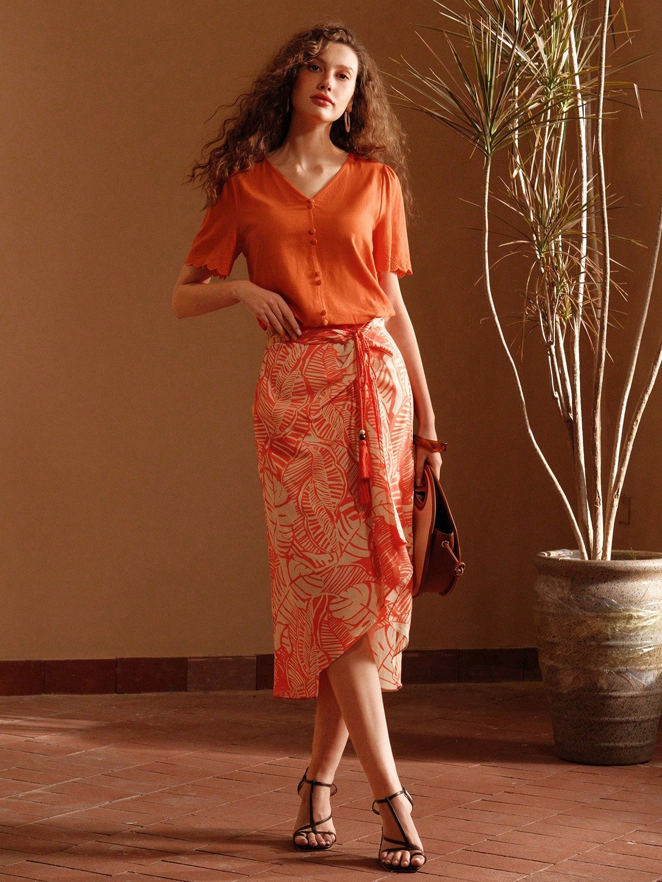 CM-BS979959 Women Trendy Bohemian Style Tropical Printed Asymmetric Hem Draped Skirt