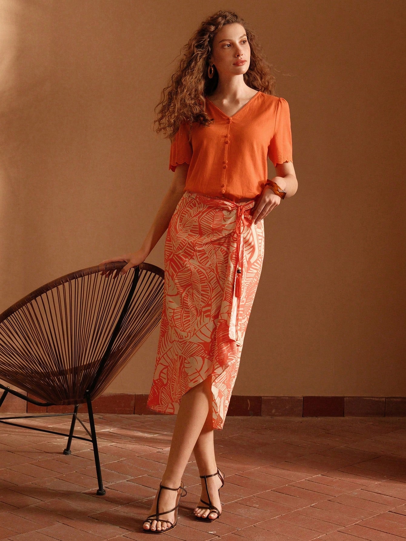 CM-BS979959 Women Trendy Bohemian Style Tropical Printed Asymmetric Hem Draped Skirt