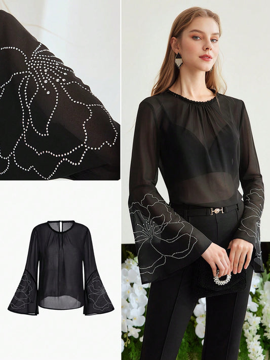 CM-TS182279 Women Elegant Seoul Style Rhinestone Detail Round Neck Long Sleeve Blouse - Black