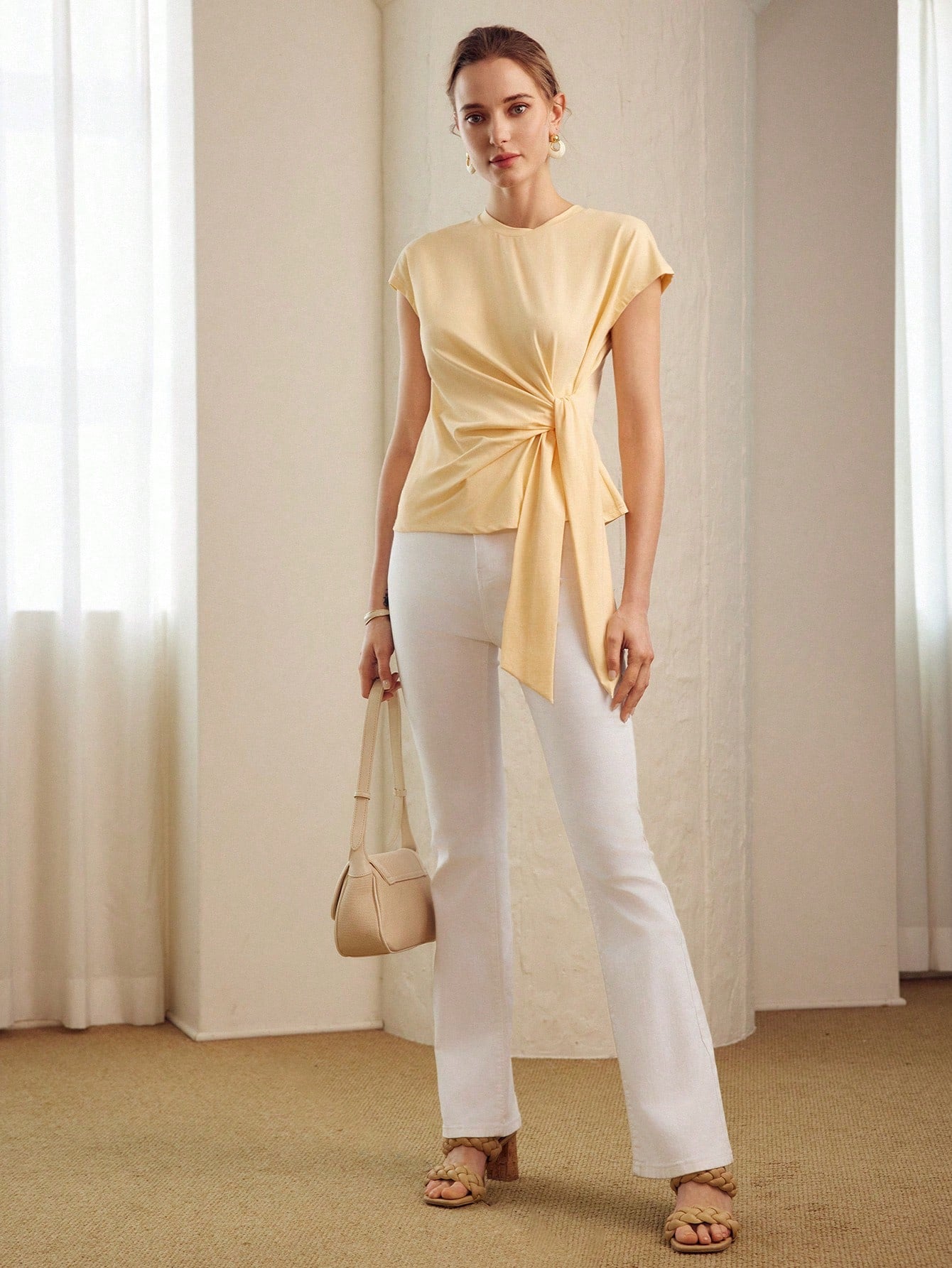 CM-TS625504 Women Casual Seoul Style Round Neck Batwing Sleeve Knot Front Tee - Yellow