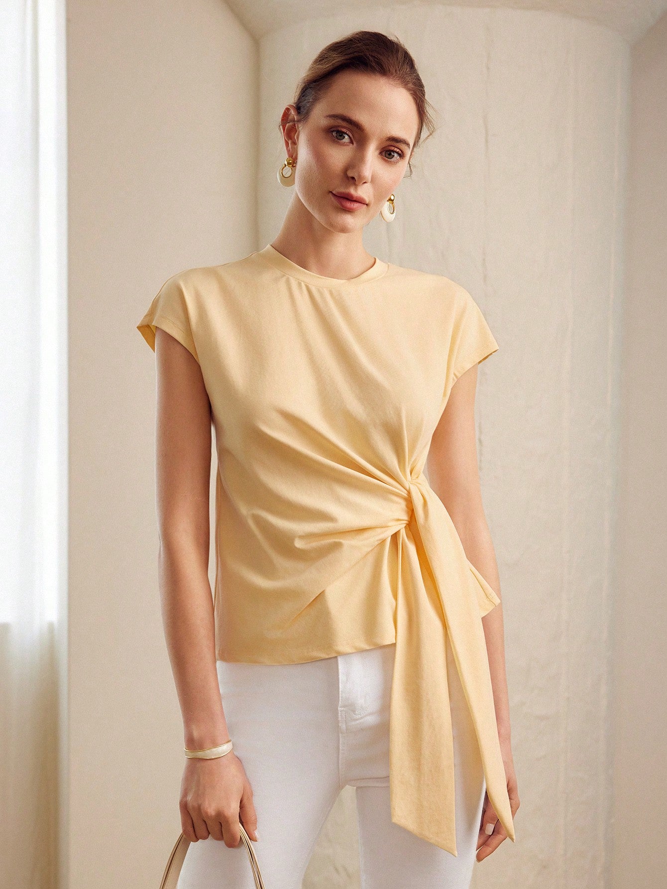 CM-TS625504 Women Casual Seoul Style Round Neck Batwing Sleeve Knot Front Tee - Yellow