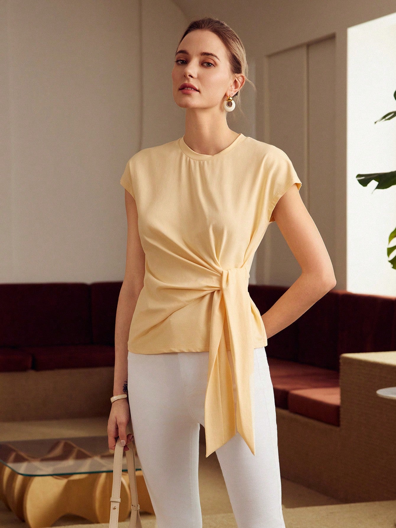 CM-TS625504 Women Casual Seoul Style Round Neck Batwing Sleeve Knot Front Tee - Yellow