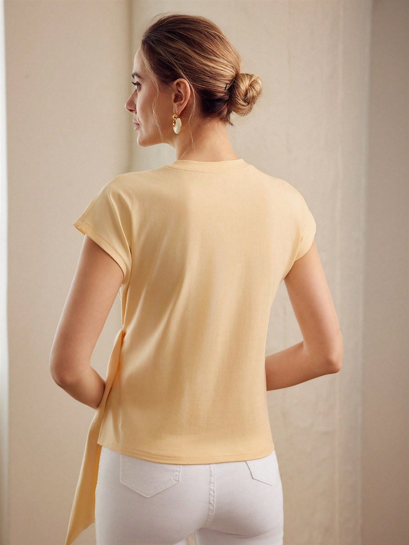 CM-TS625504 Women Casual Seoul Style Round Neck Batwing Sleeve Knot Front Tee - Yellow