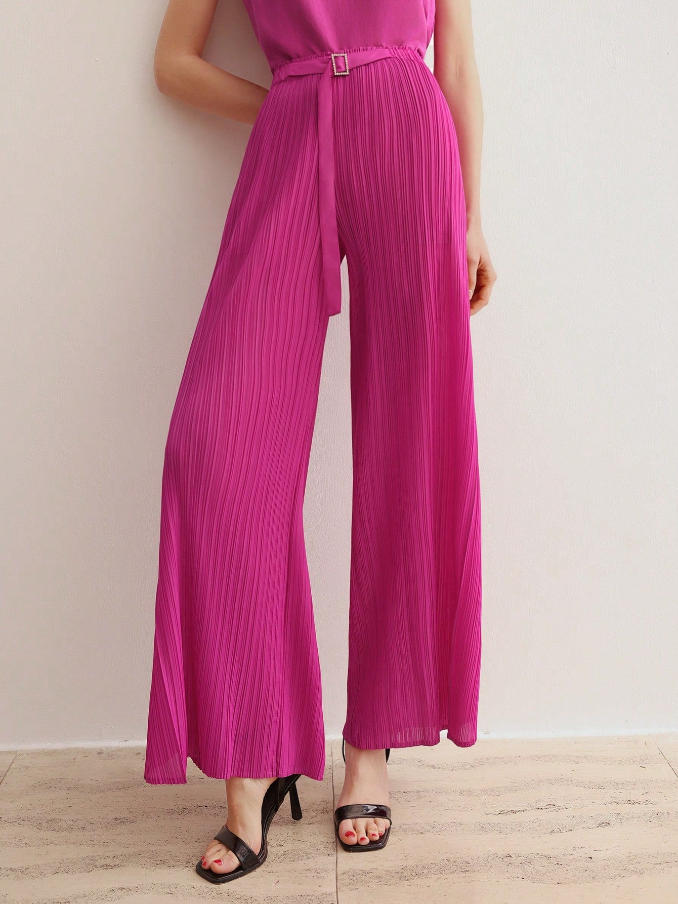 CM-BS006916 Women Elegant Seoul Style Solid Color High Waisted Plisse Wide Leg Pants - Purple